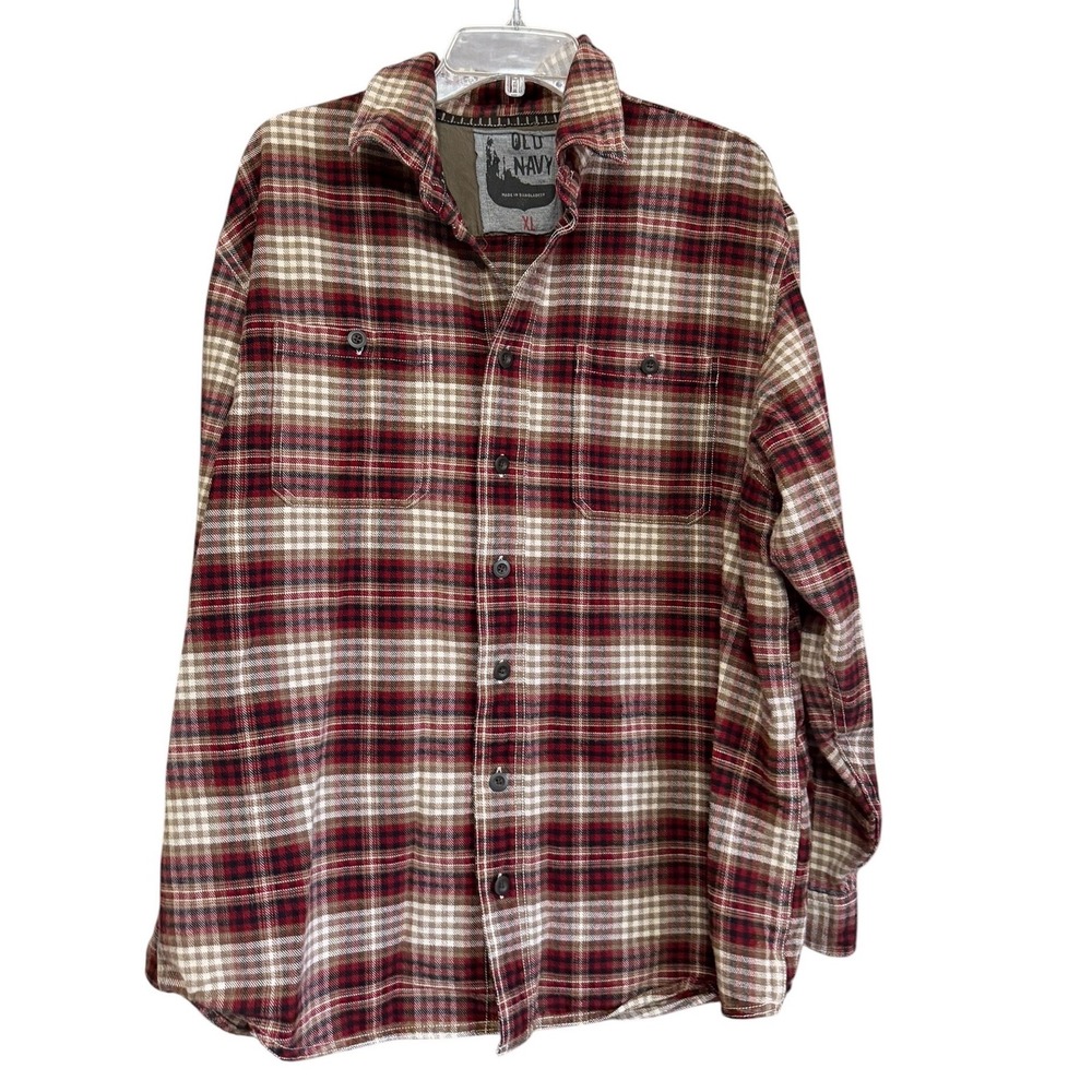 Old Navy Mens XL Red Tan Plaid‎ Flannel Button Down Shirt Long Sleeve Cotton